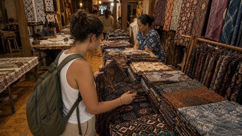 Folded batik-style textiles in a Yogyakarta shopping context