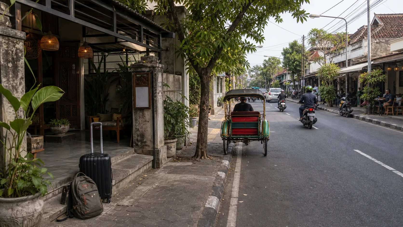 Yogyakarta street and temple travel scene
