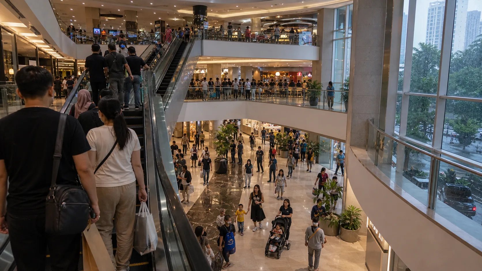 People walking through a modern shopping mall