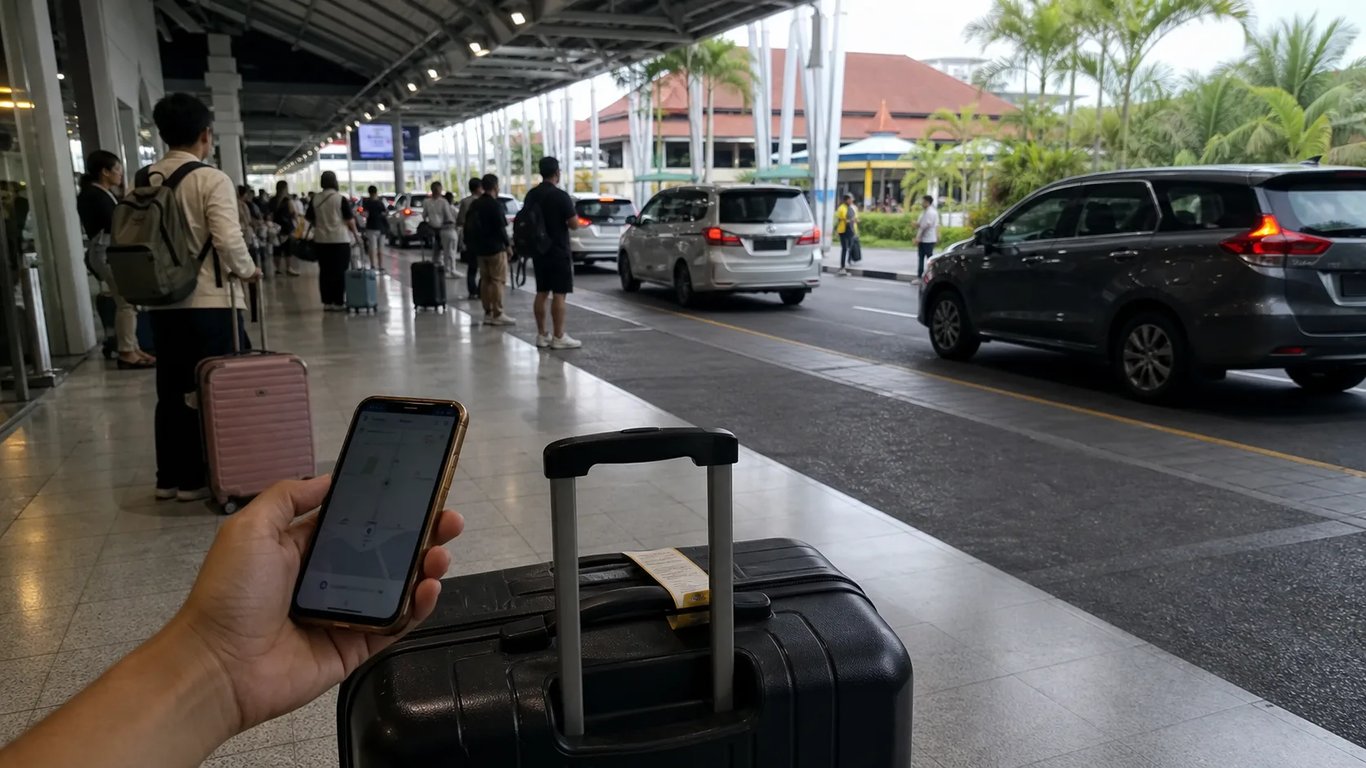 Illustrated Bali airport arrival lane showing Grab, Gojek, taxi and transfer choices.