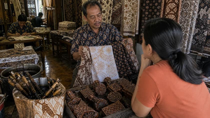 Batik textiles displayed for shopping in Central Java