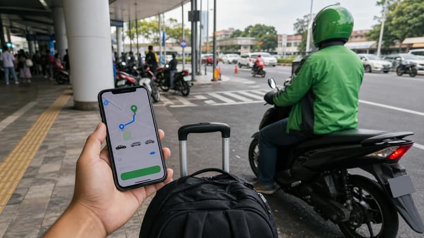 Person holding a smartphone while planning a city ride
