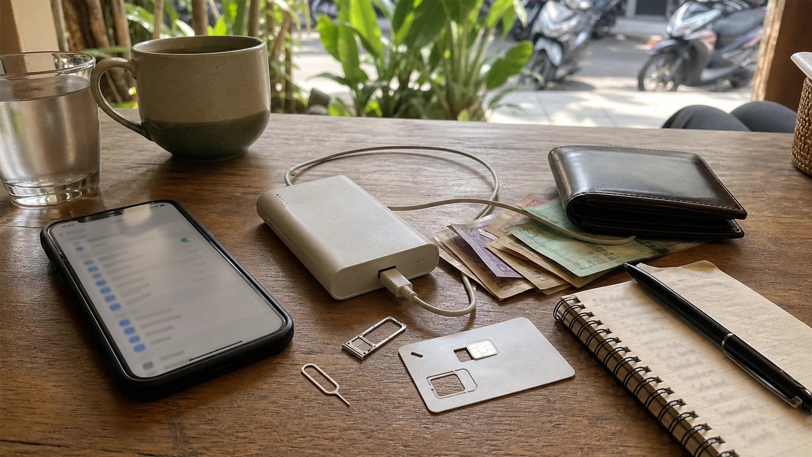 Indonesia travel basics with phone, cash, QR payment and travel essentials