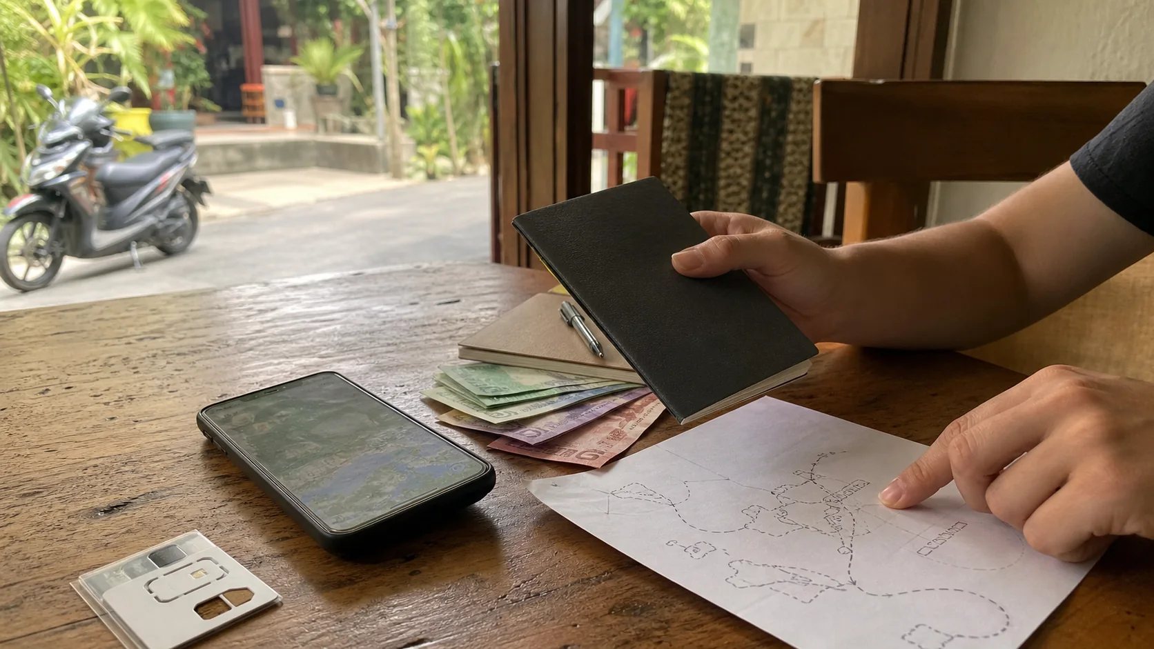 Indonesia travel planning desk with map, passport and phone