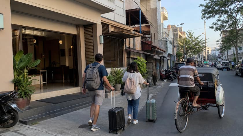 Travelers with luggage walking near a modest hotel street in Solo