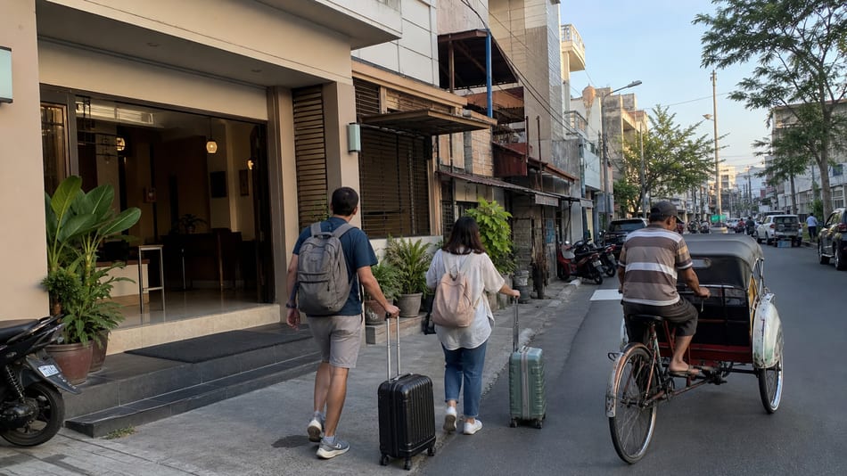 Travelers with luggage walking near a modest hotel street in Solo