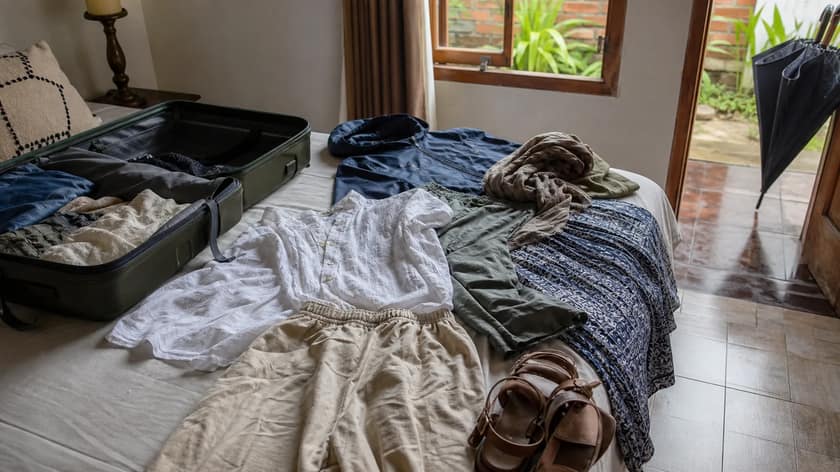 Light travel clothes folded in an open suitcase