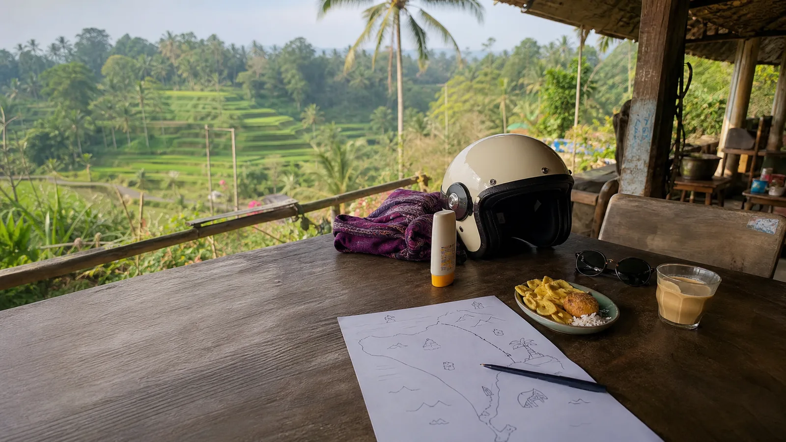 Bali day-planning table with scooter helmet, sarong, sunscreen and rice terrace view