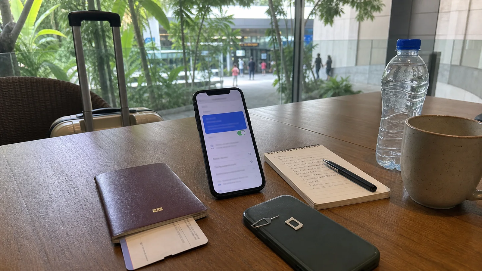 Phone with eSIM setup, SIM tool and travel notebook on a Bali airport cafe table