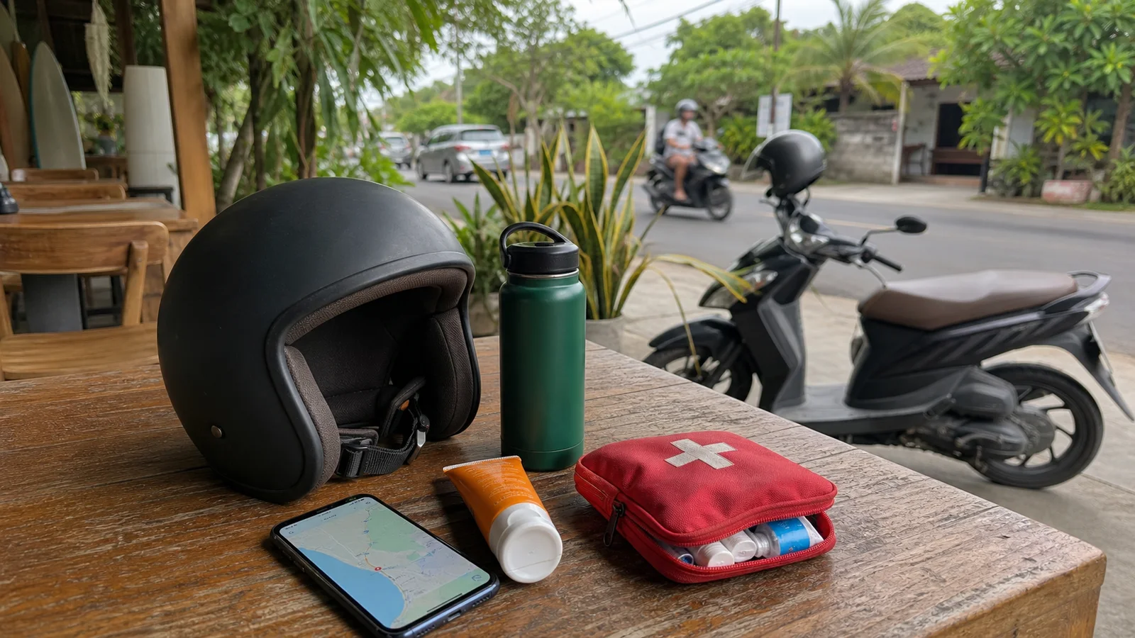 Scooter helmet, water bottle, sunscreen and first-aid pouch on a Bali cafe table