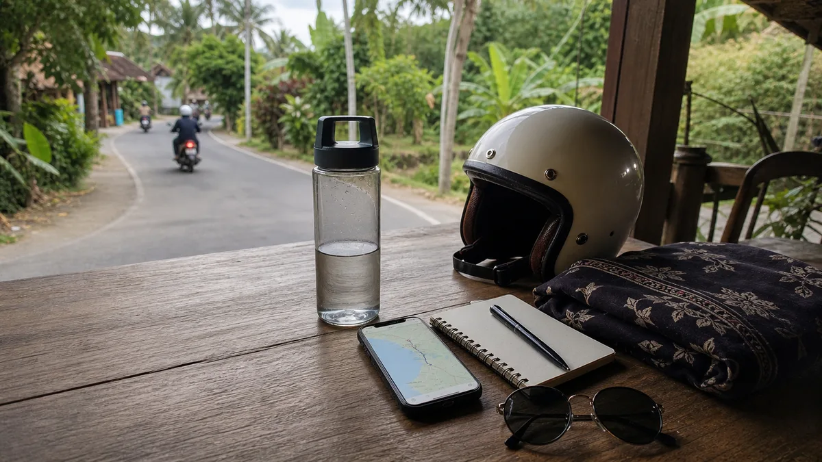 Bali route planning table by a tropical roadside cafe