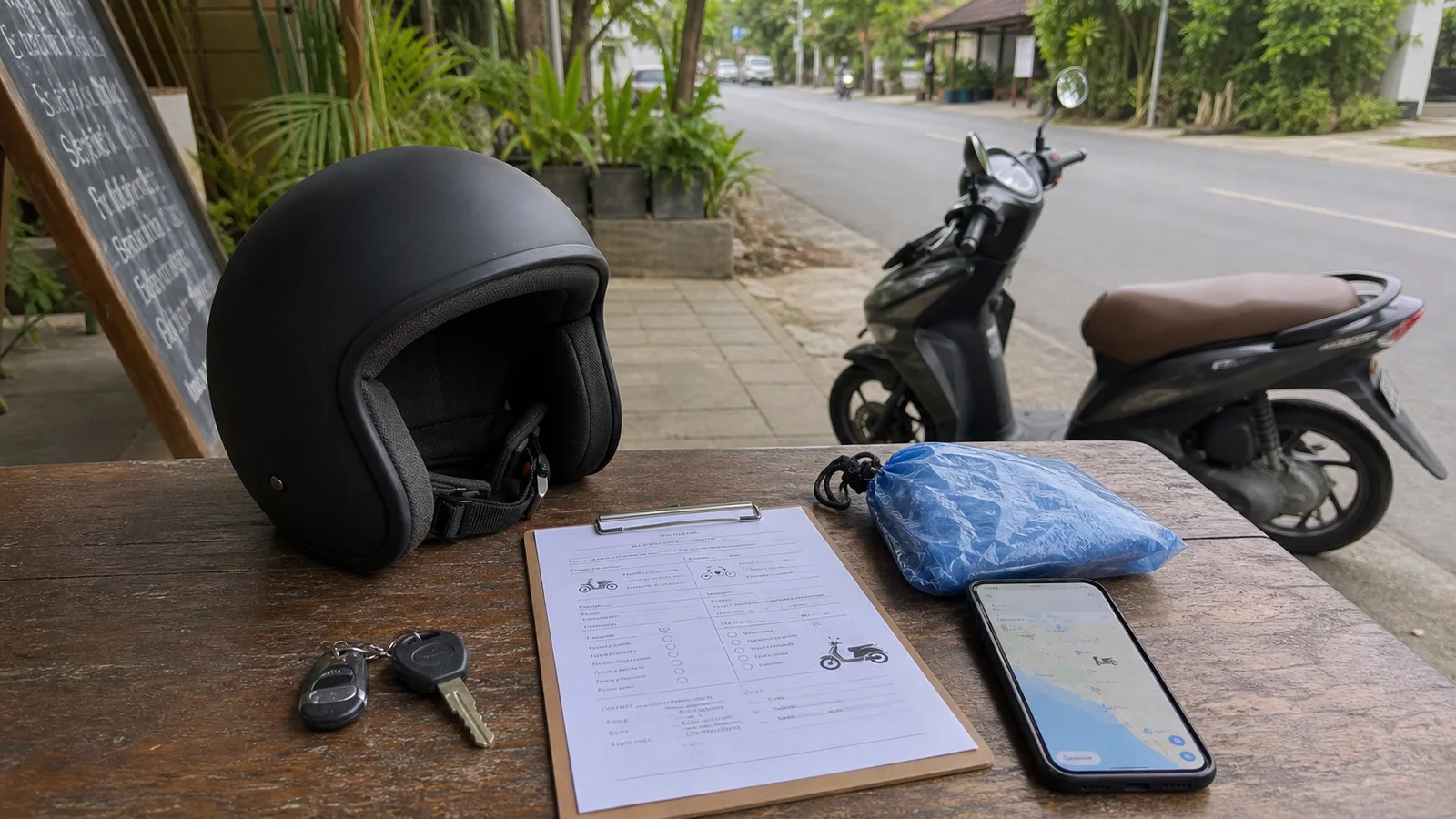 Scooter helmet, rental checklist, keys and phone map on a Bali cafe table