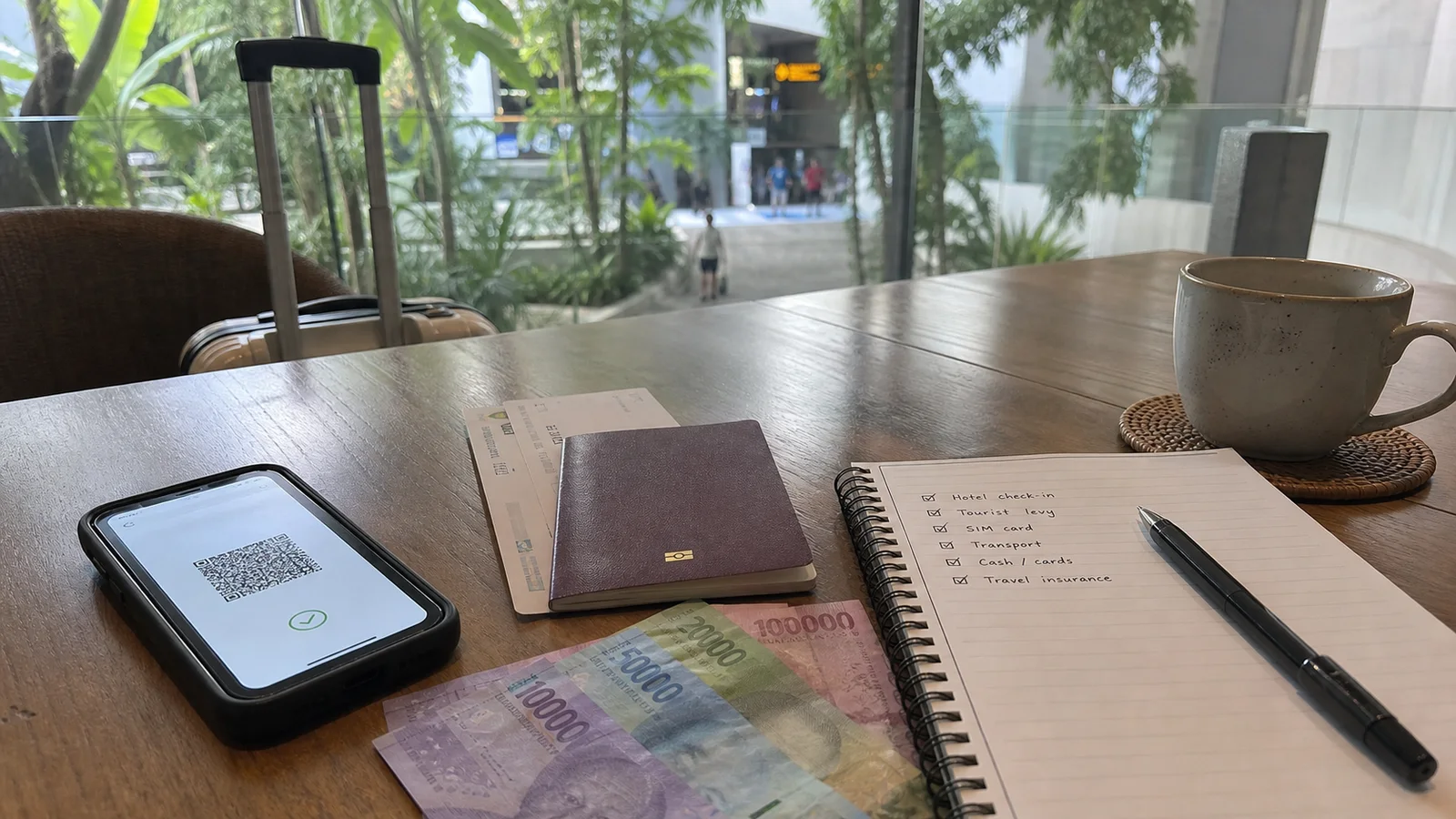 Passport, rupiah, QR voucher and travel checklist on a Bali airport cafe table
