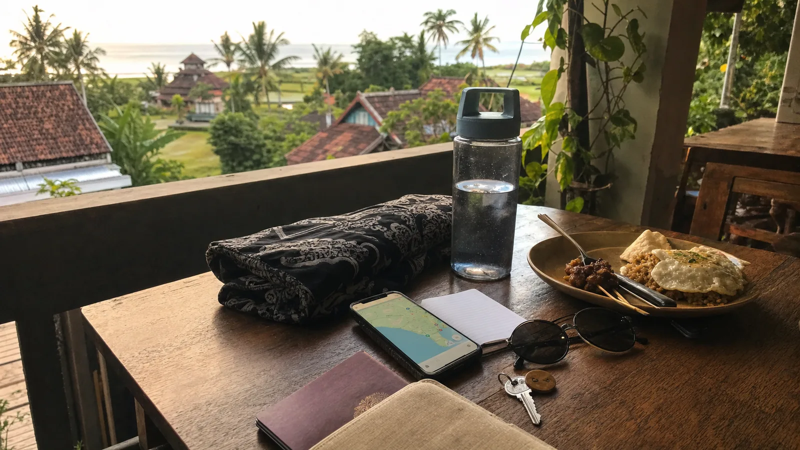 Bali travel planning table with passport, phone map, sarong, food and balcony view