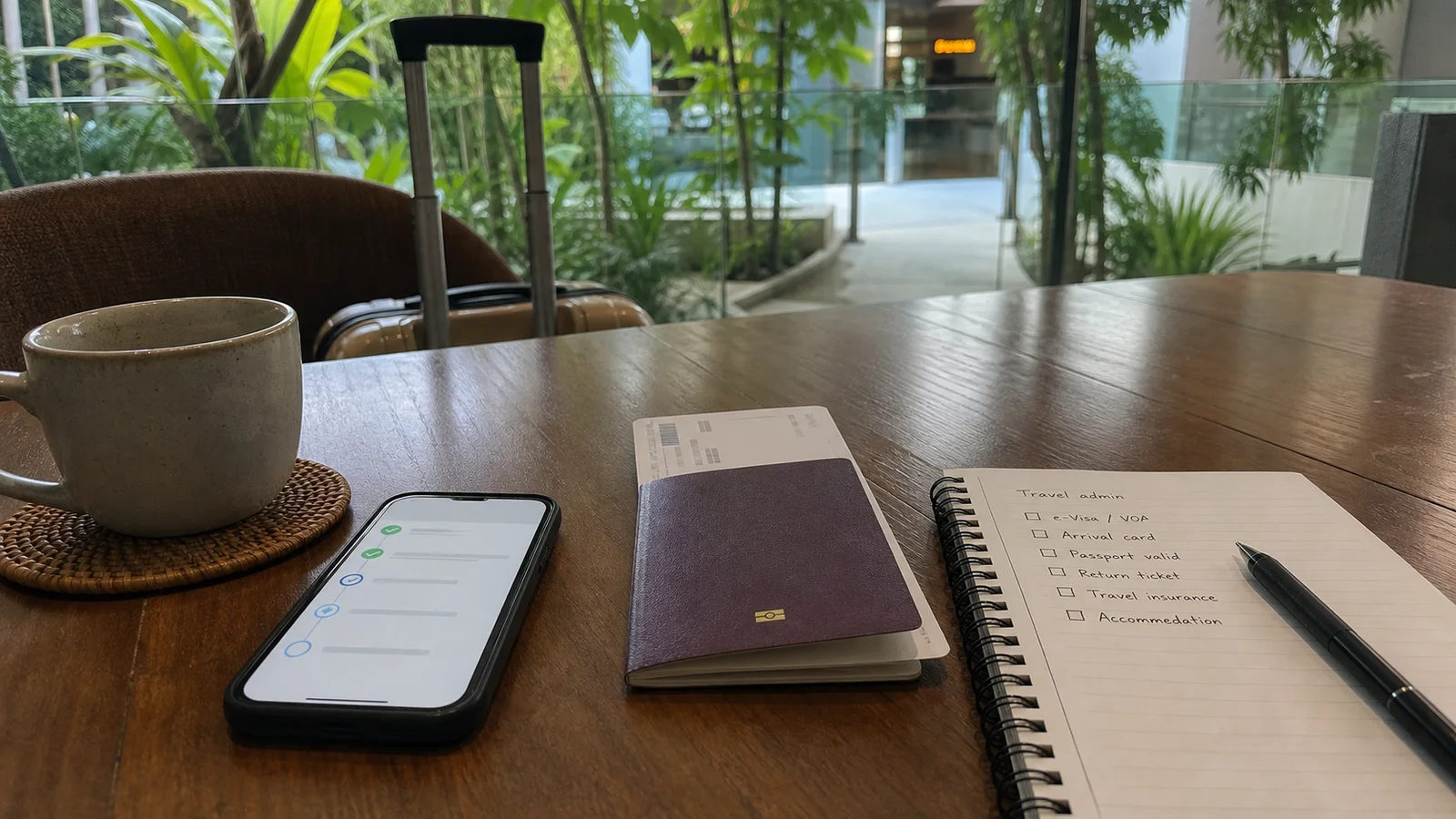 Passport, phone and travel admin checklist on a Bali airport cafe table