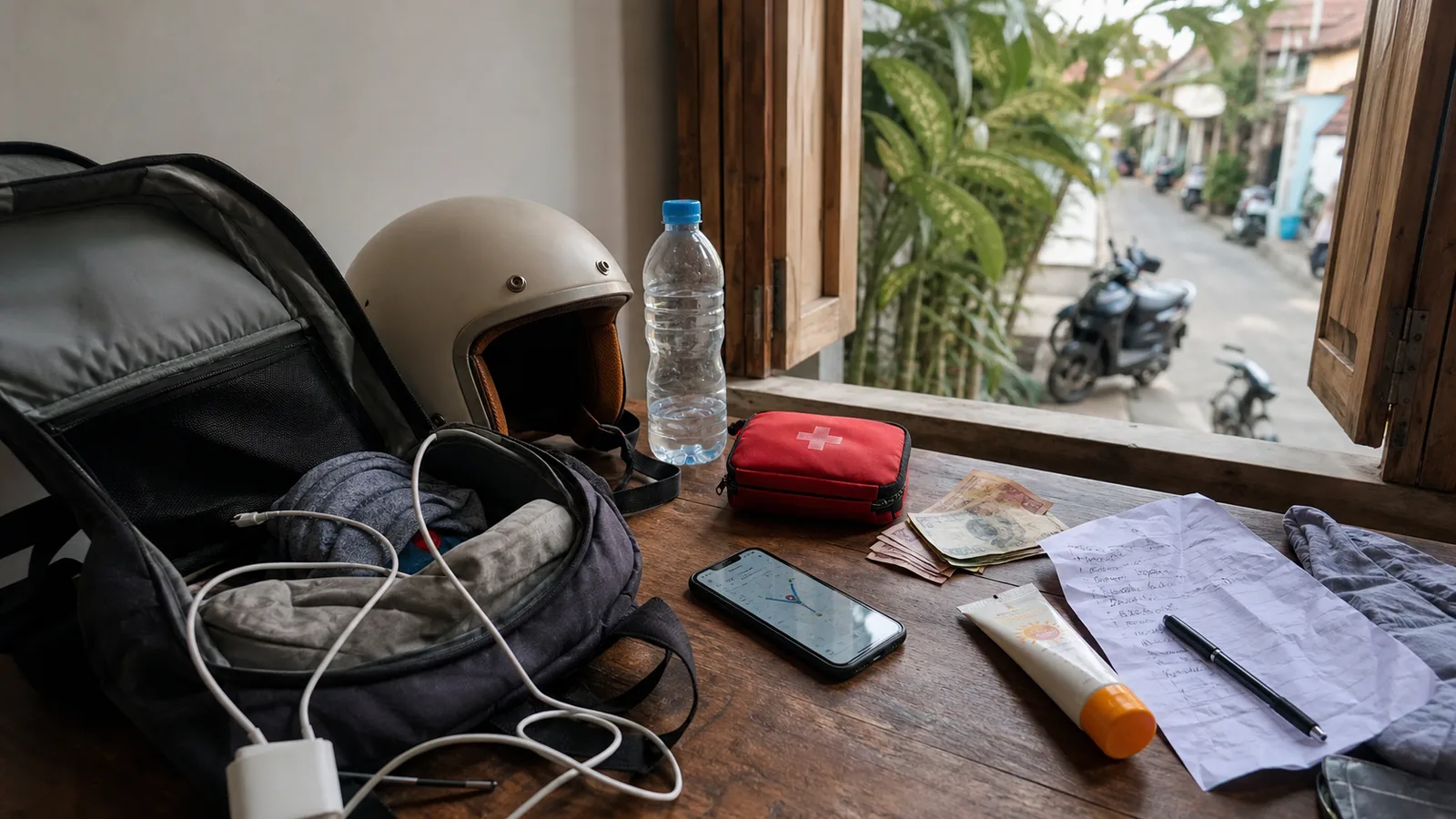 Messy Bali travel desk with backpack, helmet, cash, first-aid pouch, water and phone map