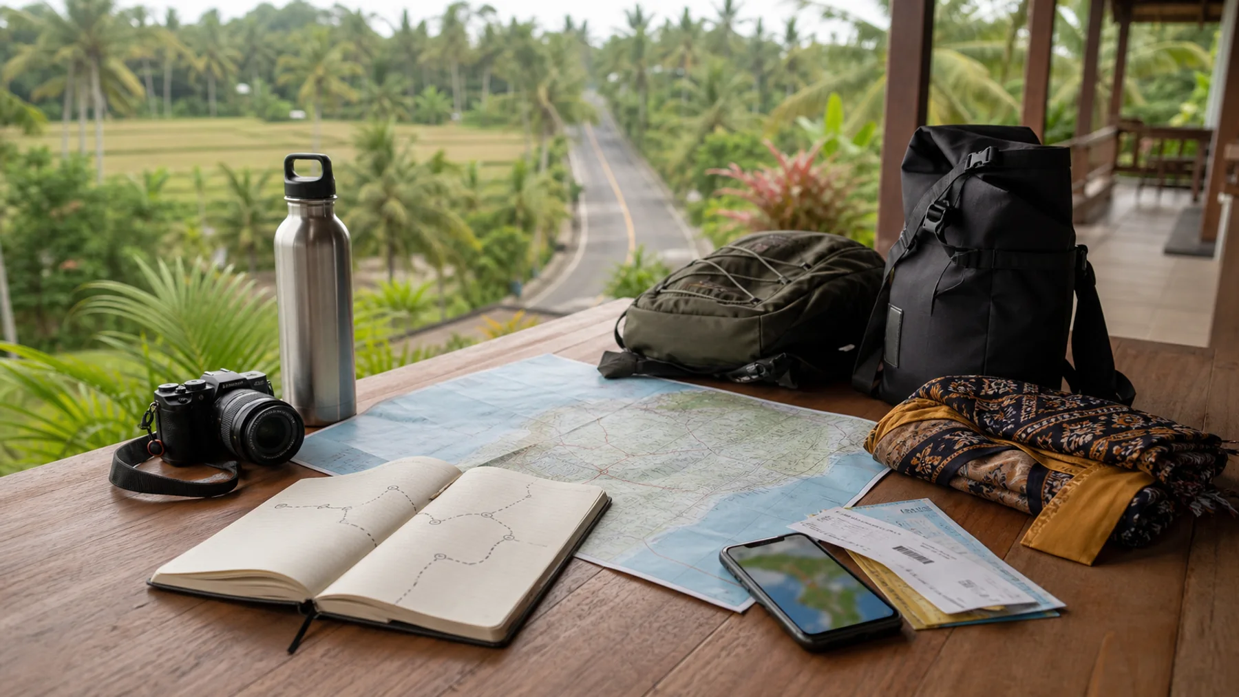 Bali itinerary planning on a villa terrace with day bags and a route notebook
