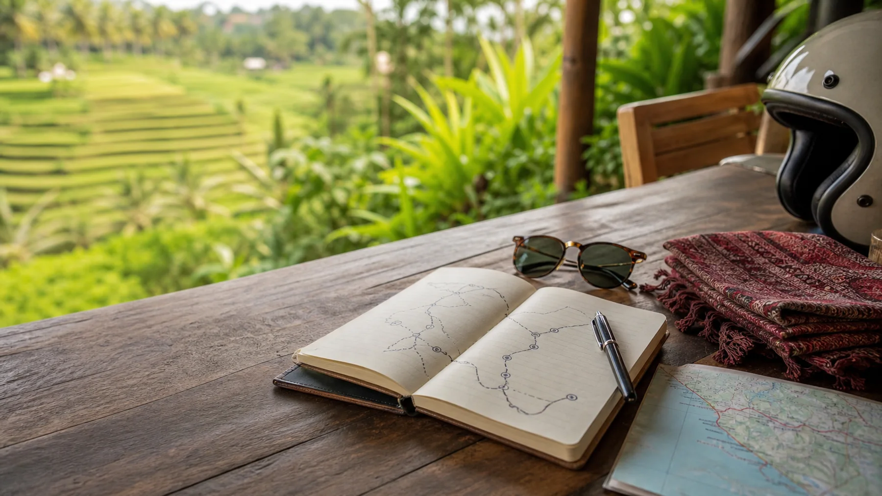 Bali route planning table with a notebook, sarong and scooter helmet