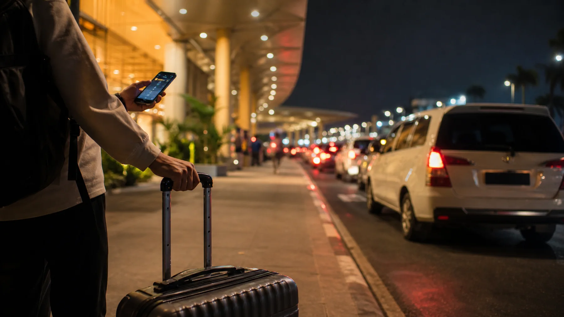 Late-night Bali airport pickup area with luggage and terminal lights