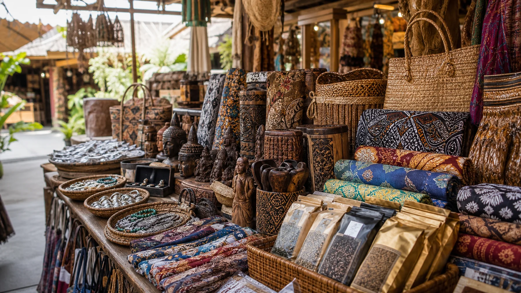 Bali market stall with batik textiles, woven baskets and small souvenirs