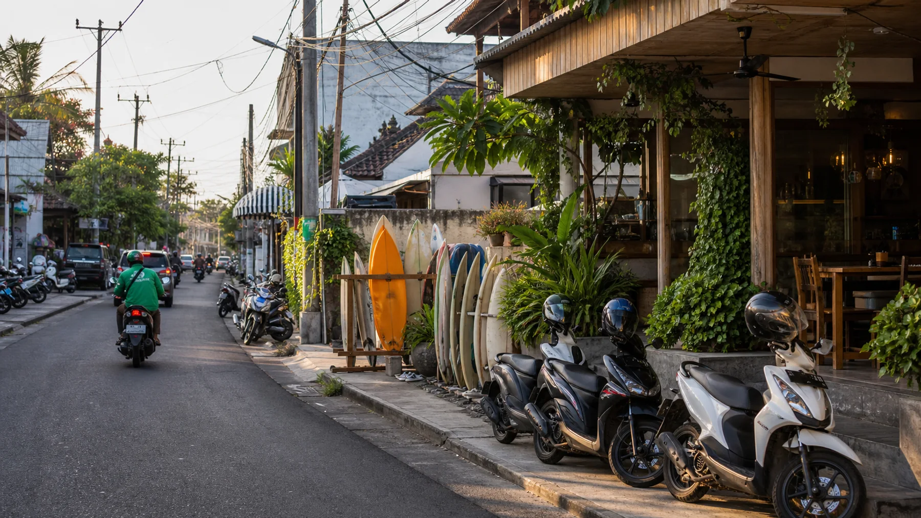 Canggu cafe street corner with scooters and a surfboard rack