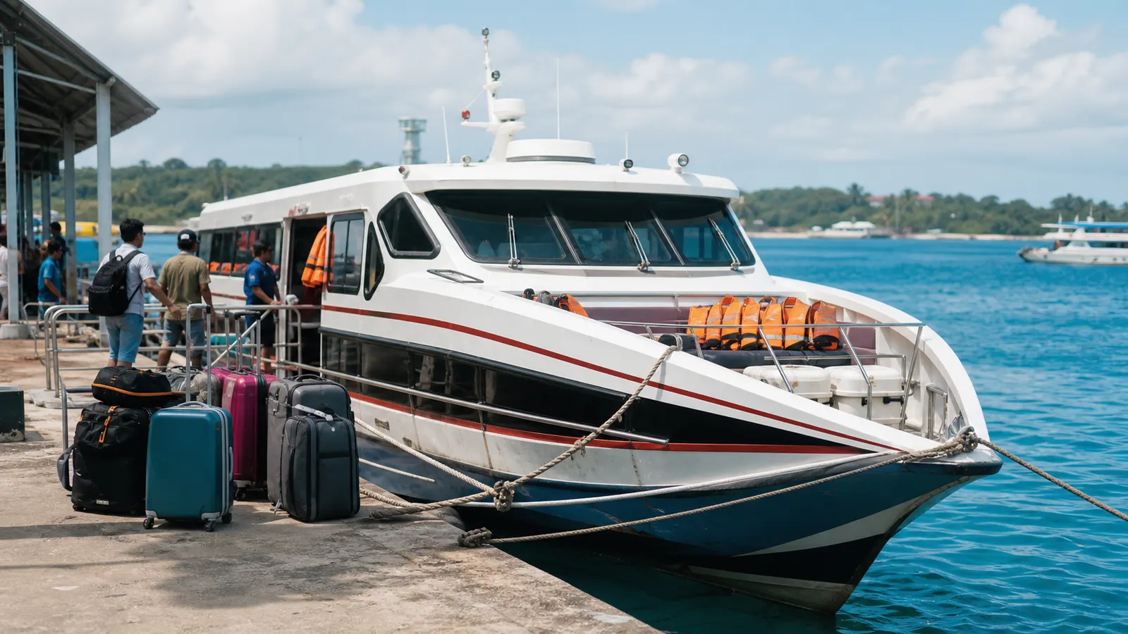 Fast boat at an Indonesian harbour with luggage and visible life jackets