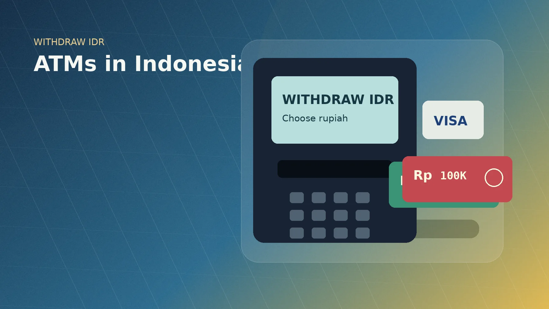 Illustrated Indonesia ATM guide hero with ATM screen, card and rupiah notes