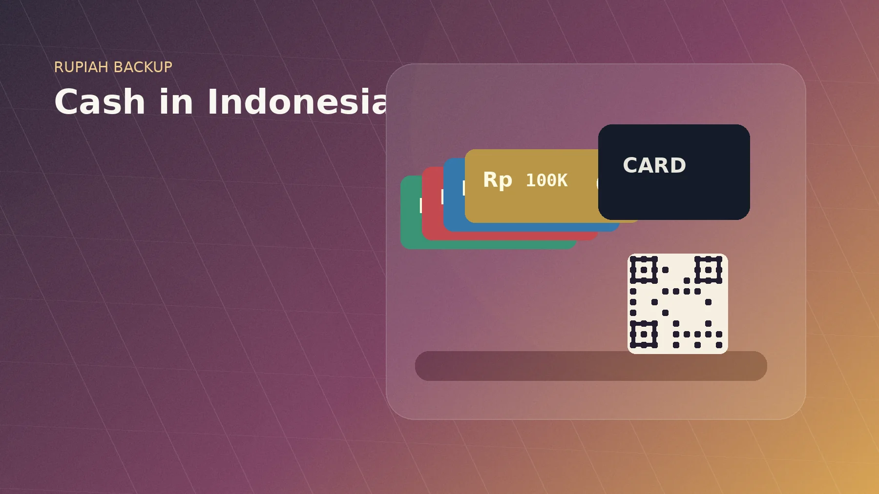 Illustrated Indonesia cash guide hero with rupiah notes, card and QR code