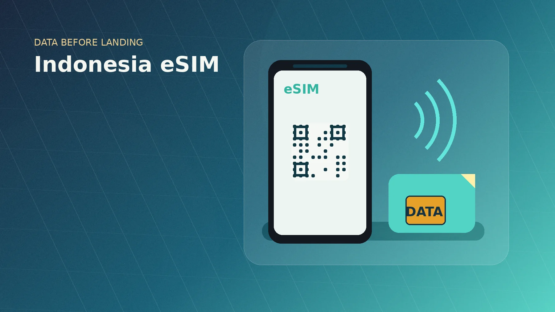 Illustrated Indonesia eSIM hero with phone QR code, signal waves and data card