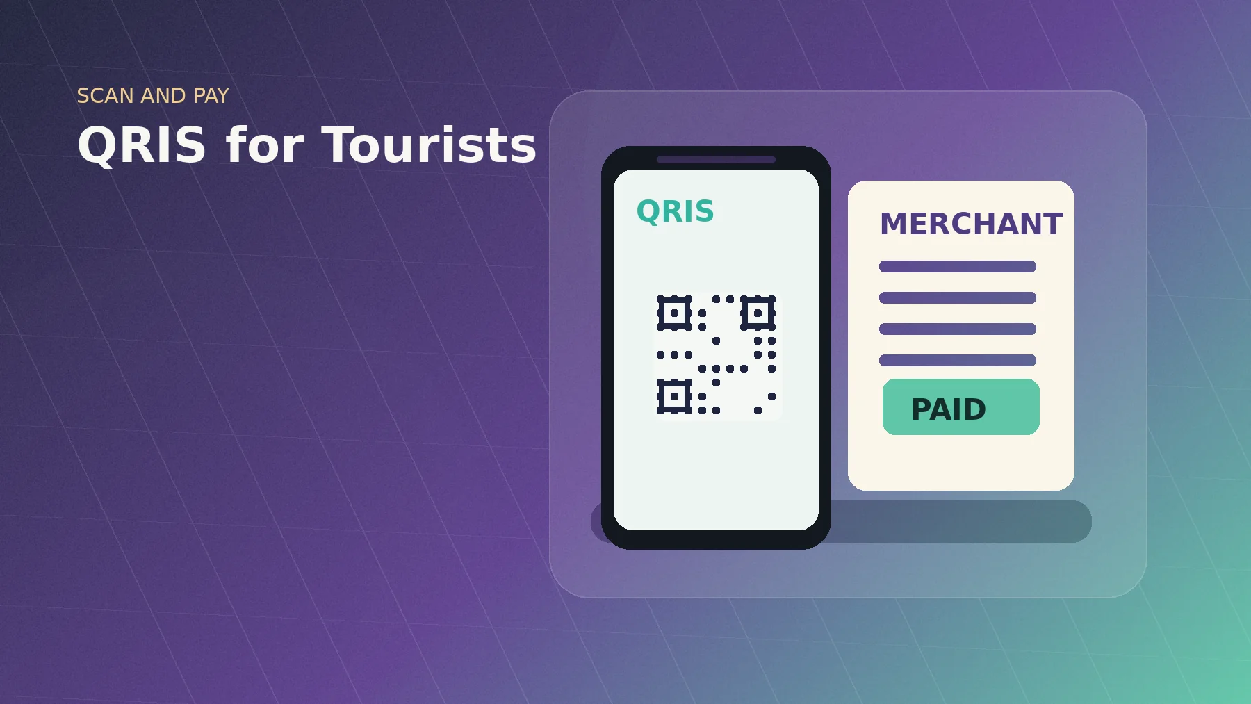 Illustrated QRIS for tourists hero with phone QR code, merchant form and paid confirmation