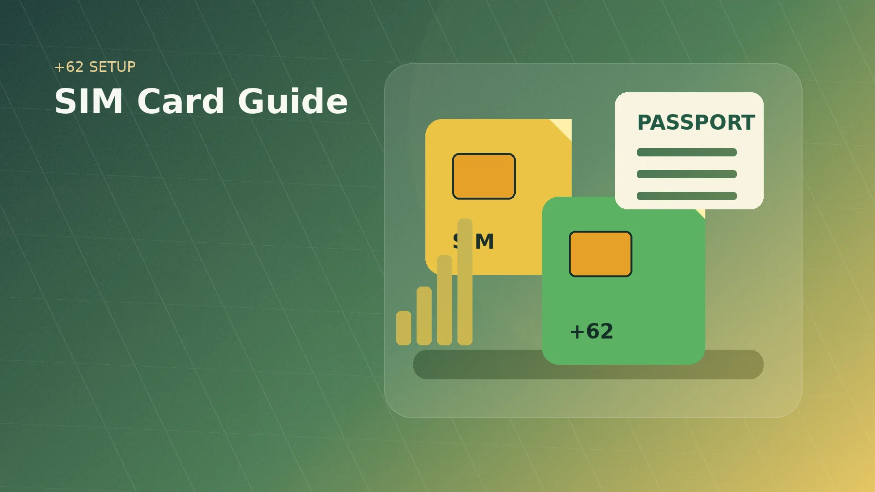 Illustrated Indonesia SIM card guide hero with SIM cards, passport check and signal bars
