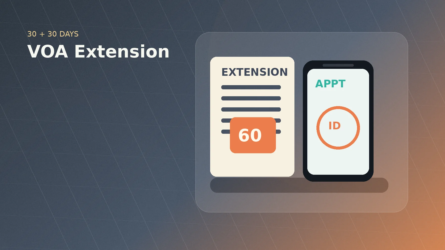 Illustrated Indonesia visa extension hero with extension form, appointment phone and 60 day marker