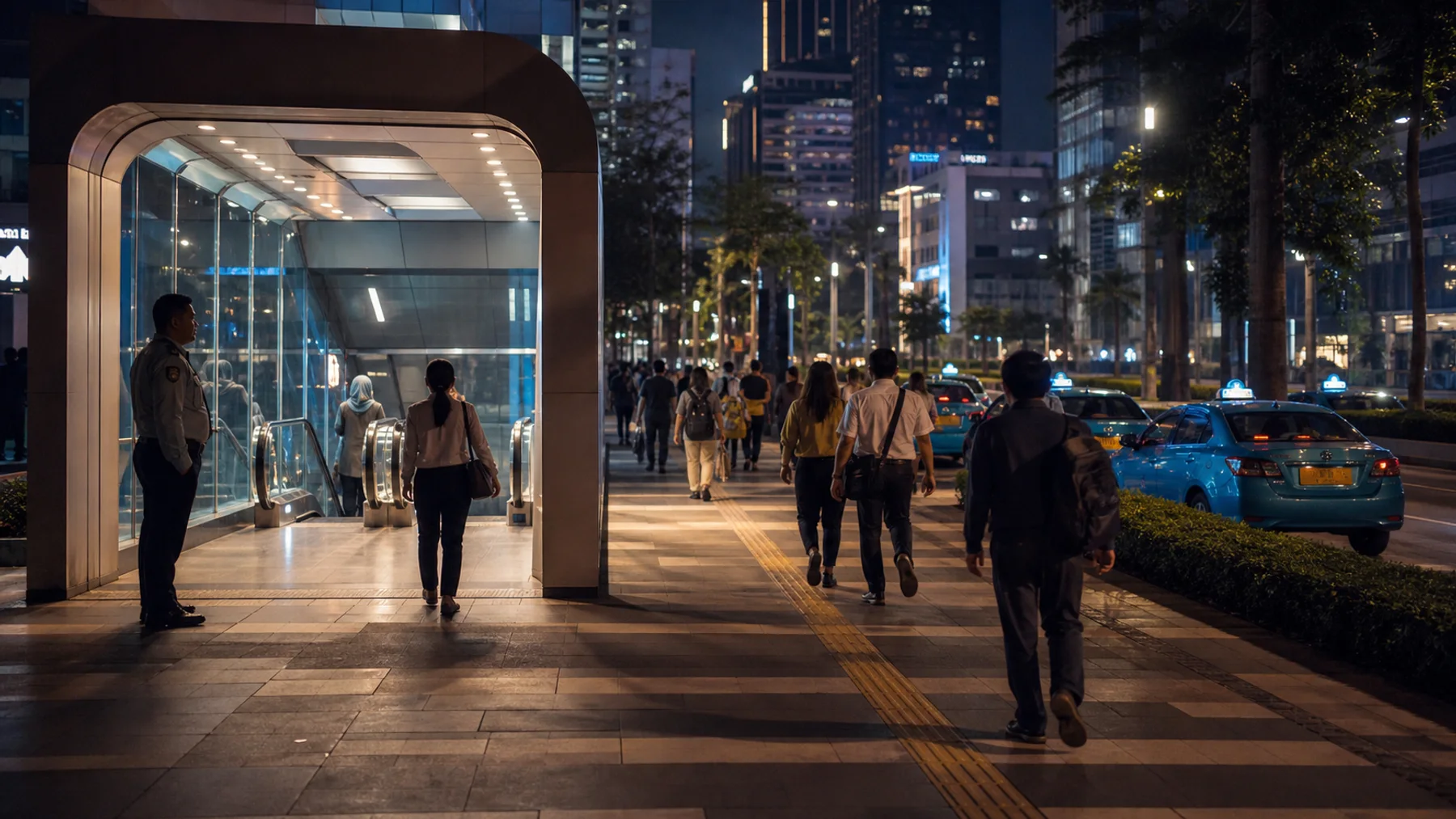 Evening Jakarta MRT and mall frontage with taxis and street lighting