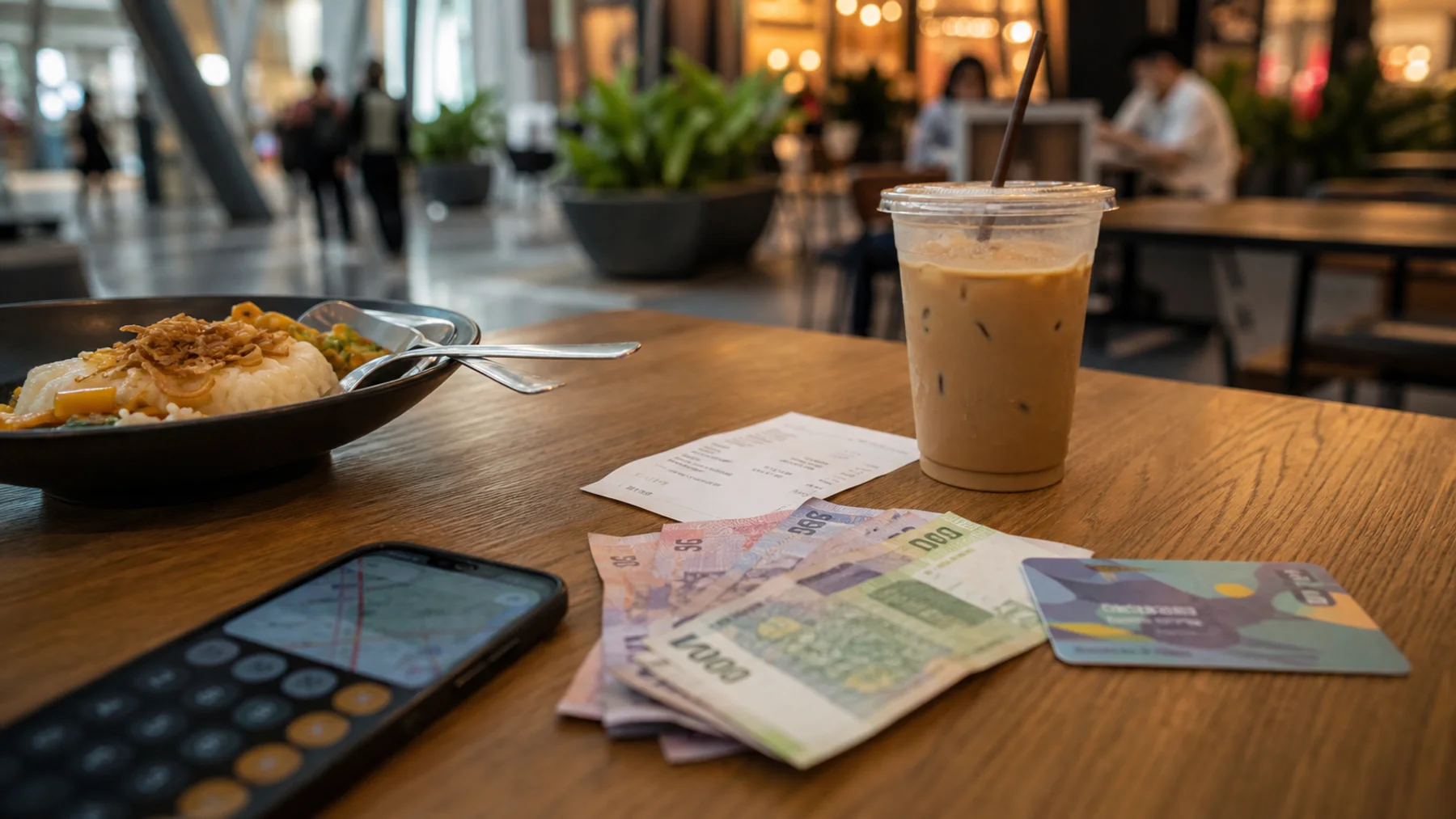 Jakarta cafe table with rupiah cash, transit card and receipt