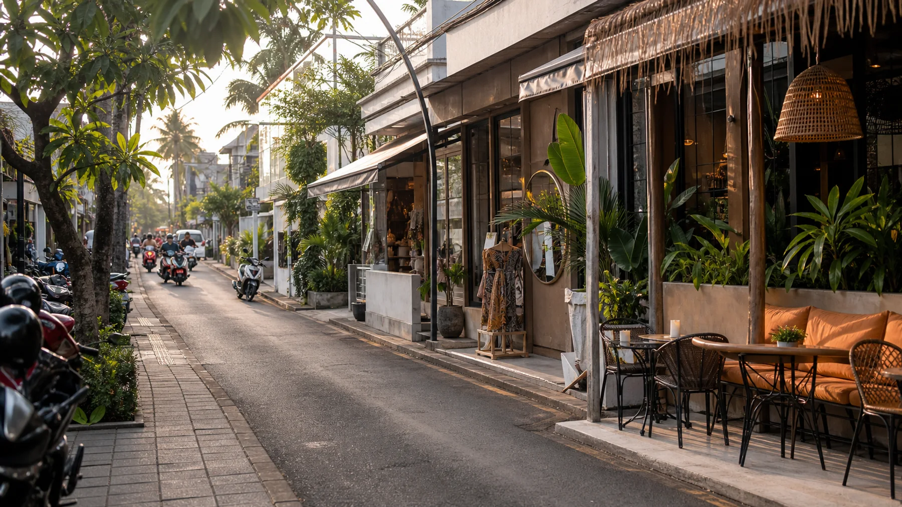 Seminyak side street with boutiques, cafes and scooters in afternoon light