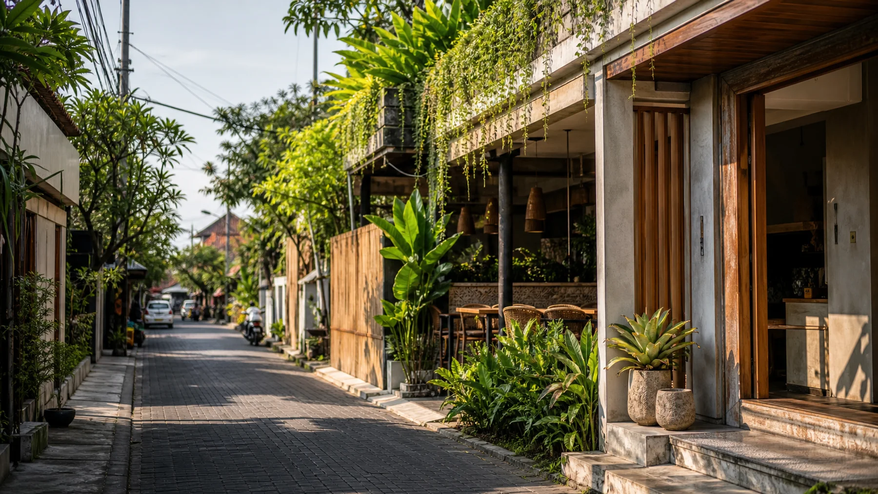 Seminyak hotel side lane with boutique frontage, scooters and taxis