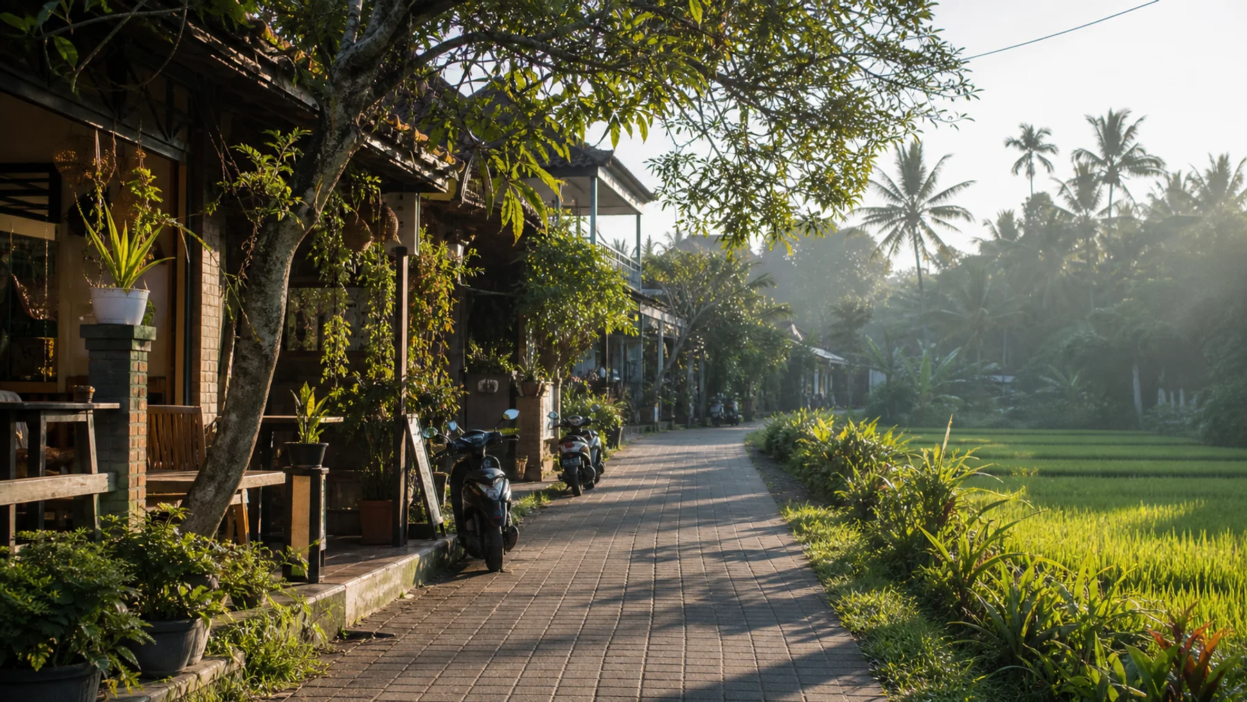 Ubud lane with guesthouses, cafes and rice-field edges