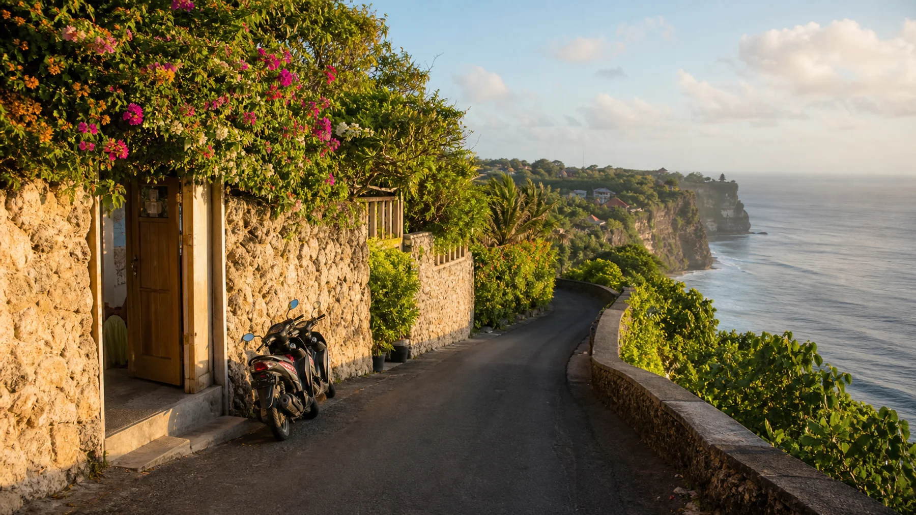 Uluwatu cliffside access road with villa gates and ocean beyond