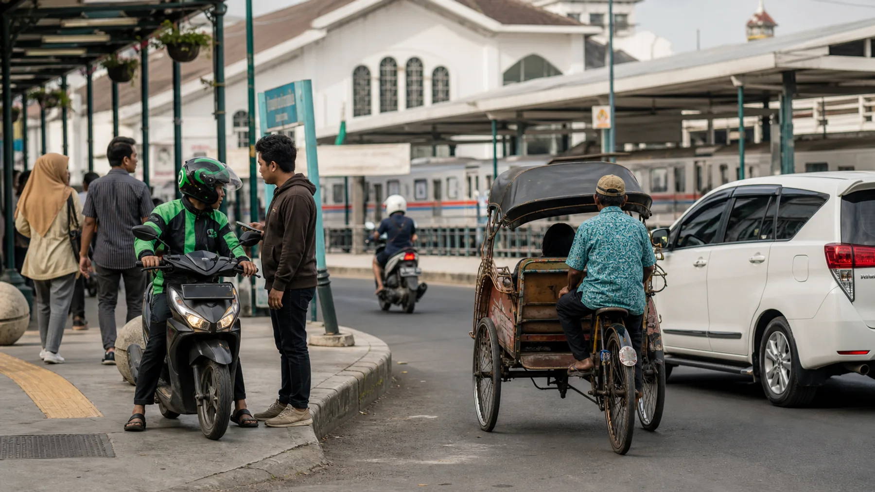 Yogyakarta street near Malioboro with becak, scooters and pickup traffic
