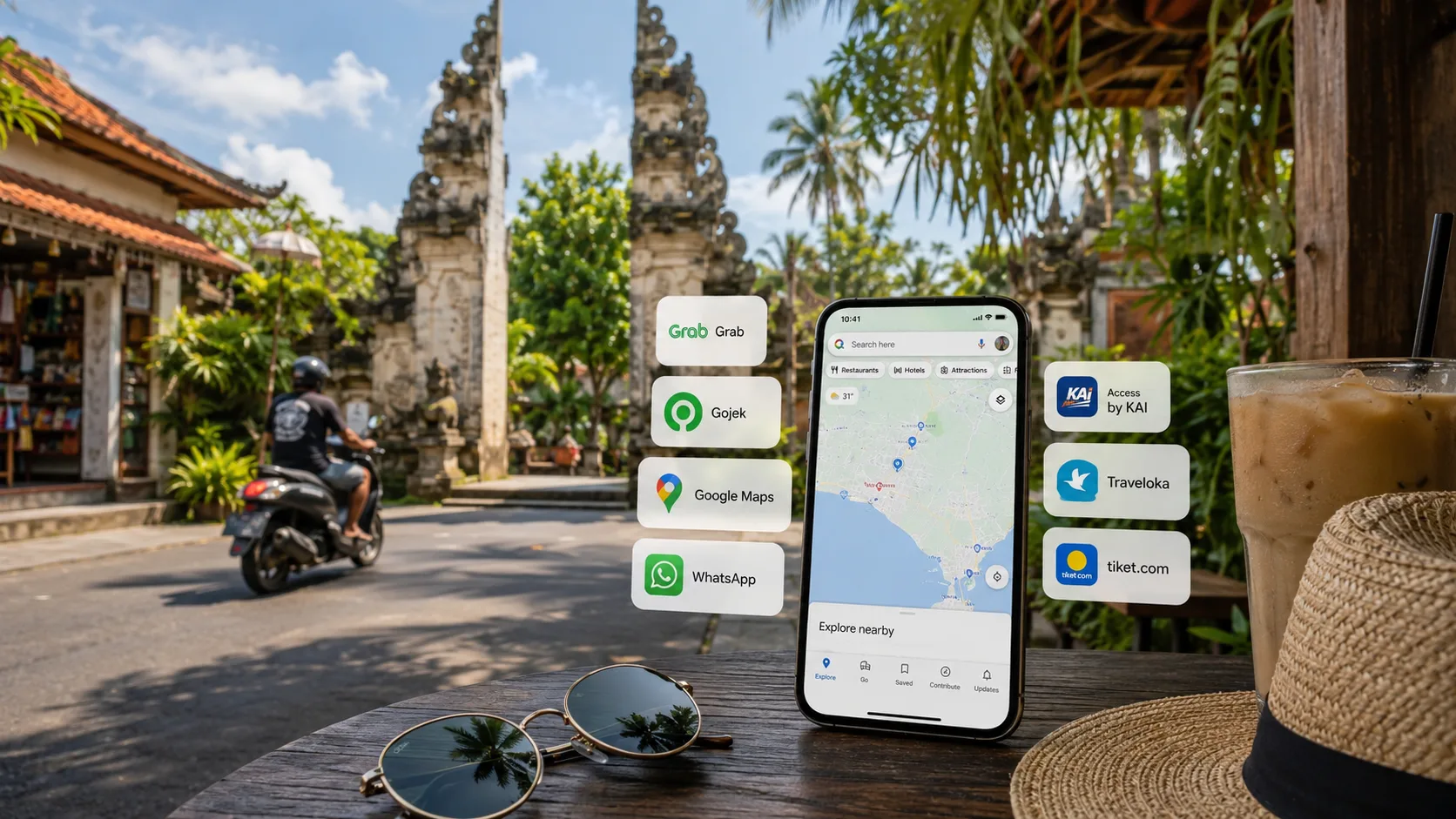 Phone with a map and Indonesia travel app icons on a cafe table in Bali
