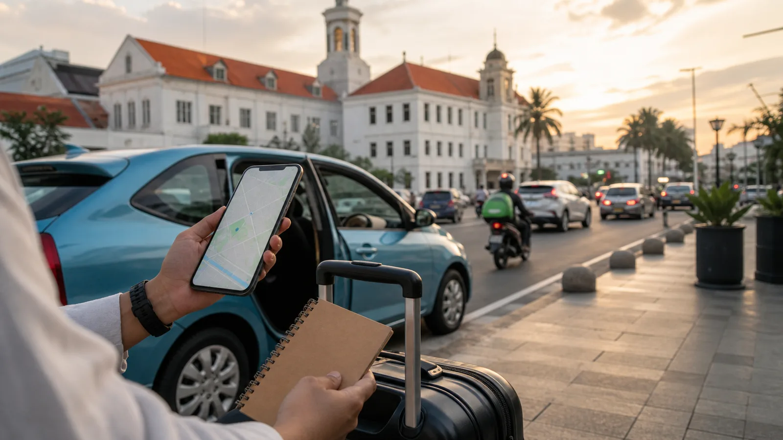 Suitcase and phone near a Jakarta old-town arrival curb