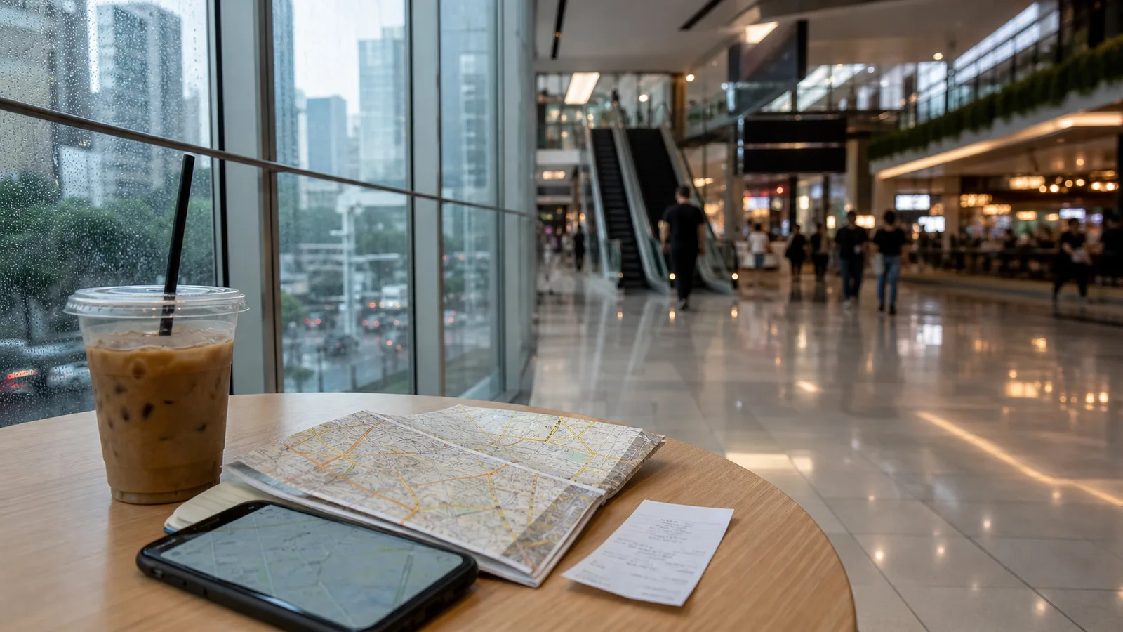 Phone, notebook and iced coffee inside a Central Jakarta mall