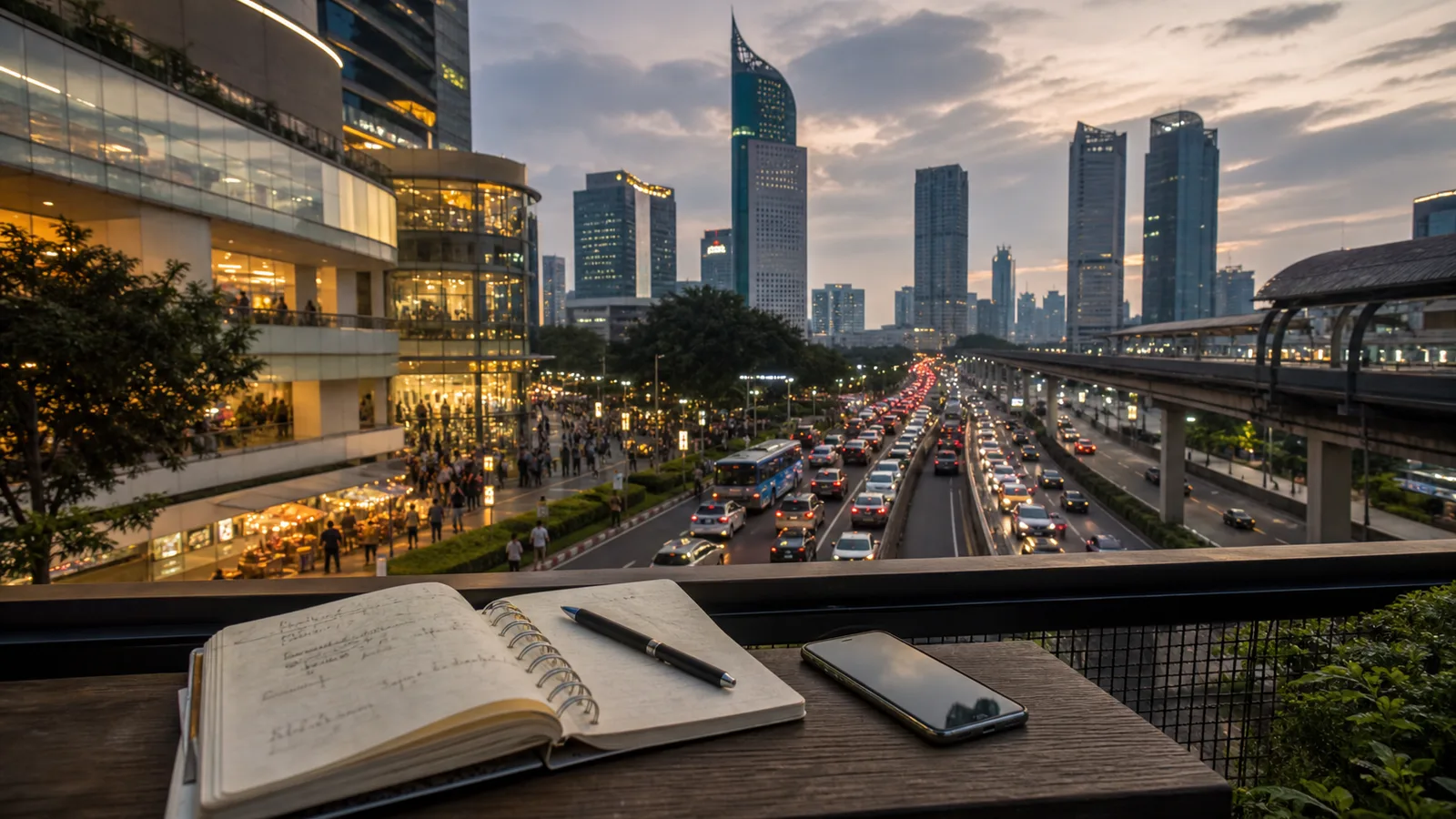 Notebook and phone overlooking Jakarta traffic, malls and skyline