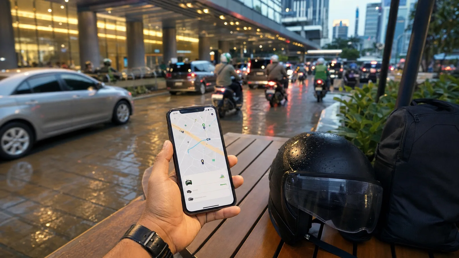 Phone with ride-hailing map at a Jakarta curbside pickup area