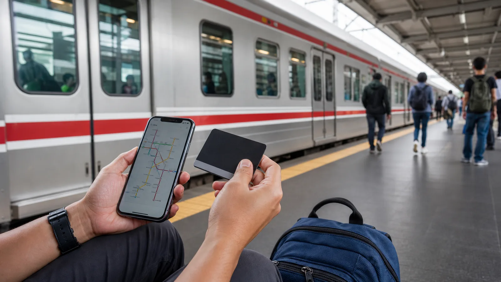 Transit card and phone beside a Jakarta commuter rail platform