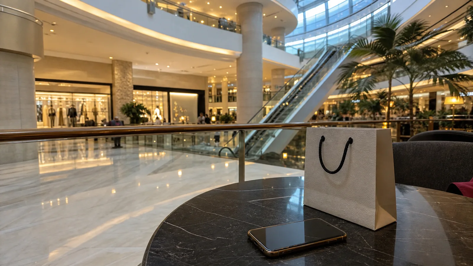 Phone and shopping bag in a polished Jakarta mall atrium