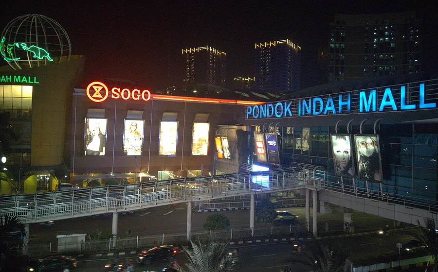 Pondok Indah Mall exterior at night in South Jakarta.