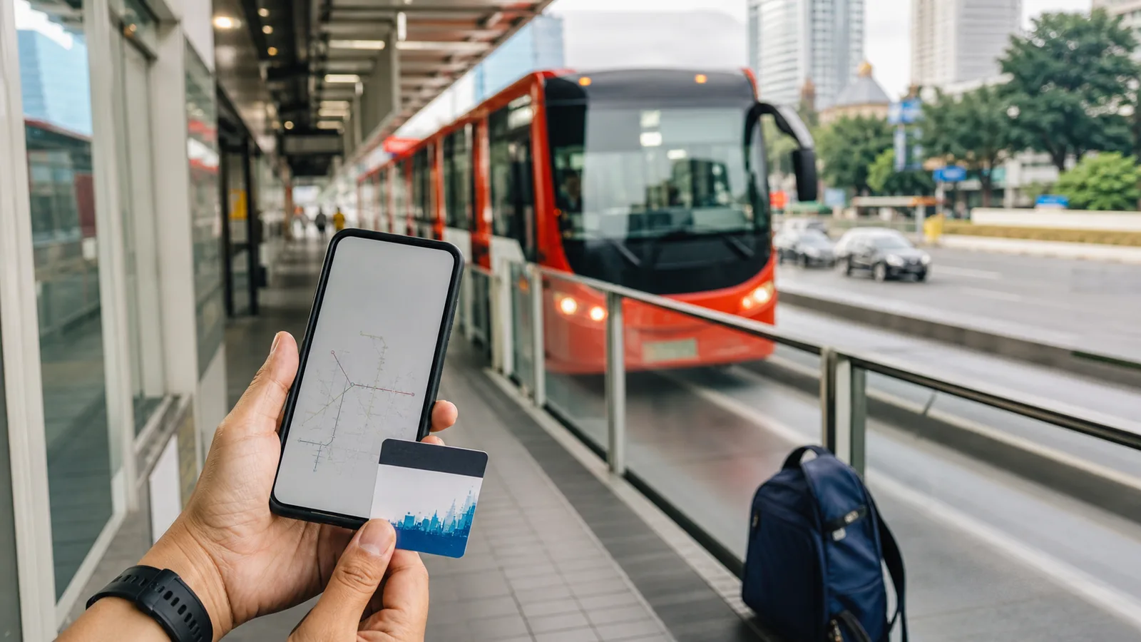 Transit card and phone at a Transjakarta station platform