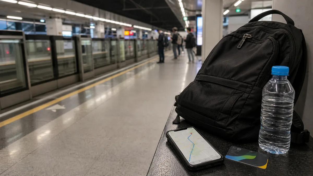 Backpack, phone map and transit card at a Jakarta rail platform