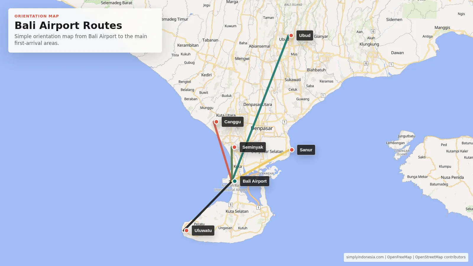 Orientation map showing Bali Airport routes to Ubud, Canggu, Uluwatu, Seminyak and Sanur.
